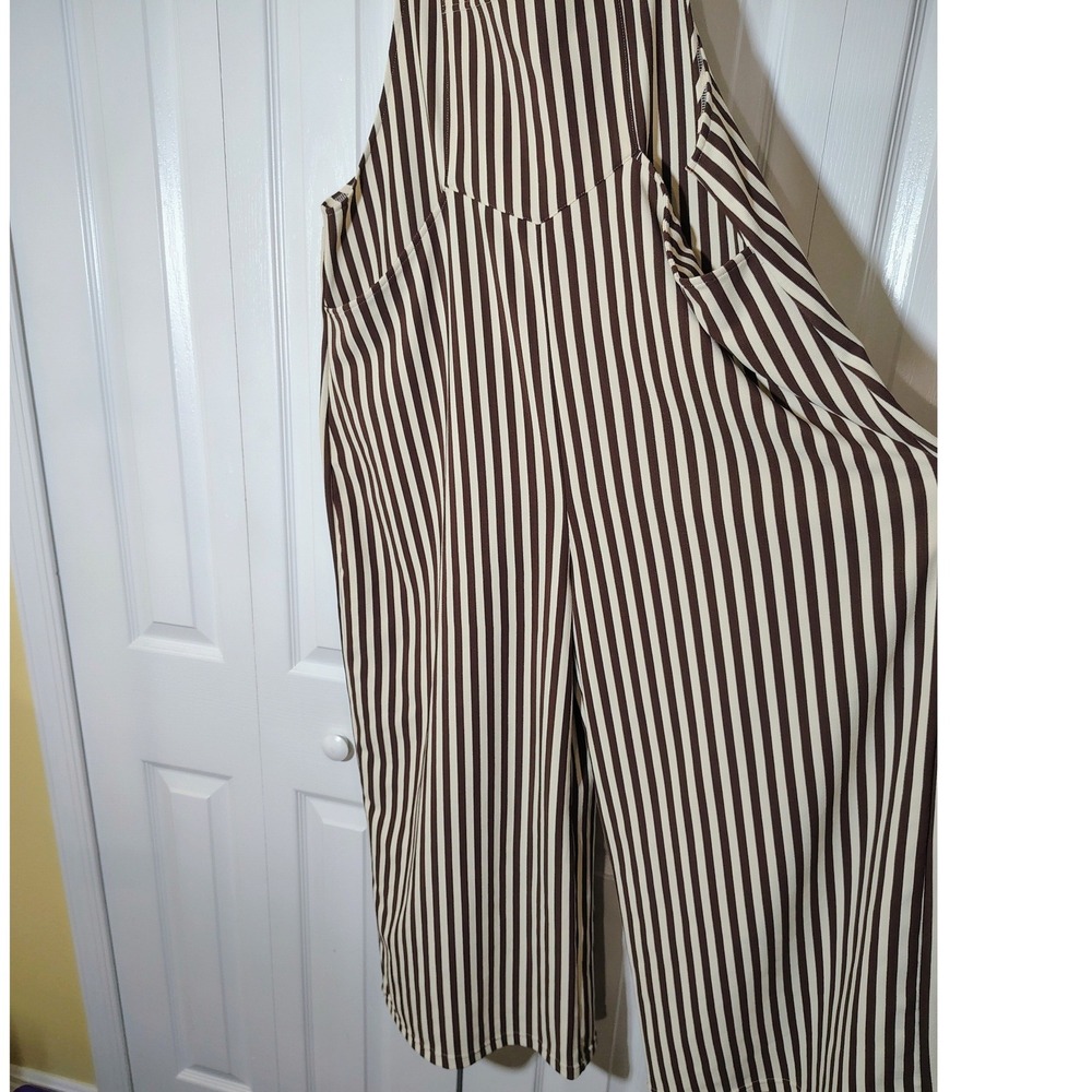 Halara Brown Striped Wide Leg Overalls XL Petite Sleeveless Pockets Jumpsuit - Picture 3 of 8
